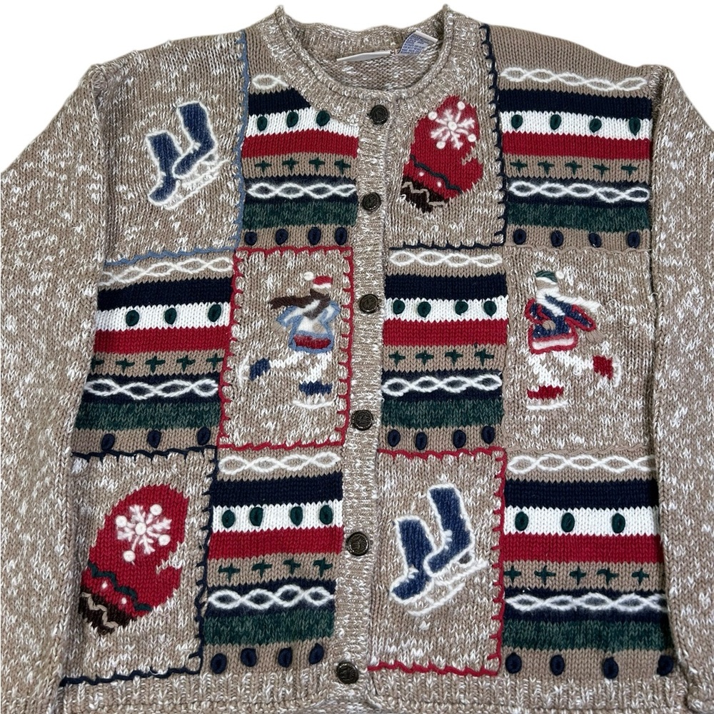 VTG 90s North Crest Chunky Knit Ice Skating Cardigan Sweater XL Cabincore Winter